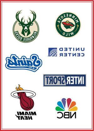 A compilation of logos including the Milwaukee Bucks, Minnesota Wild, United Center, St. Paul Sai...