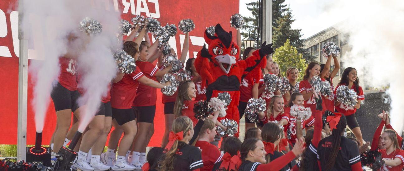 The Carthage College spirit team reveals Ember, the new Firebirds mascot, during Homecoming Weeke...